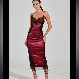 BNWT AKIRA Burgundy Satin dress with Black Lace